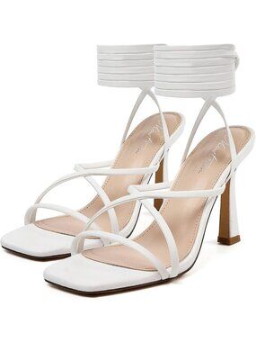 Women's White Strappy Heels Lace Up Square Open Toe Heels Tie Up High Heels